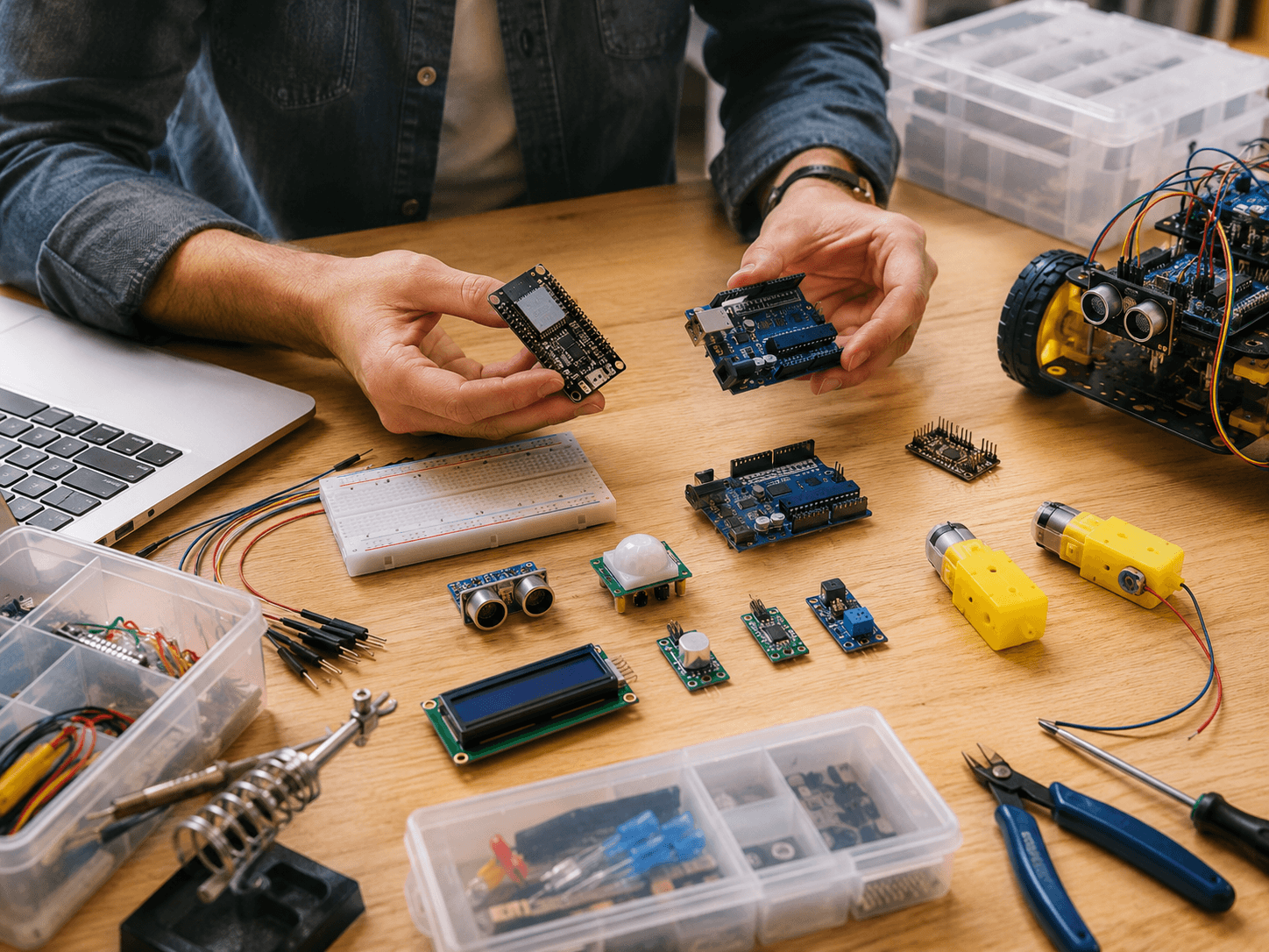 Persona comparando placas y componentes de robótica educativa sobre una mesa de trabajo