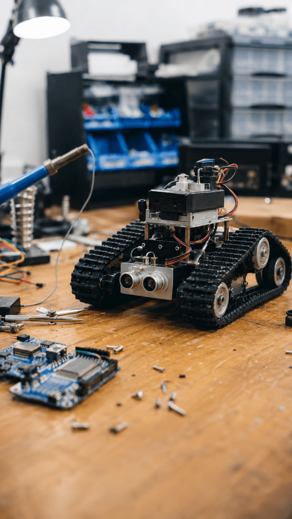 Robot educativo sobre una mesa de trabajo con herramientas y placas electronicas