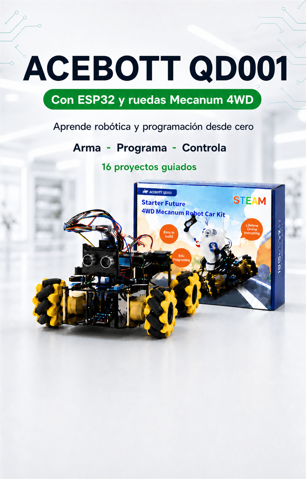 Kit Robot ACEBOTT QD001 con ESP32 y ruedas Mecanum 4WD