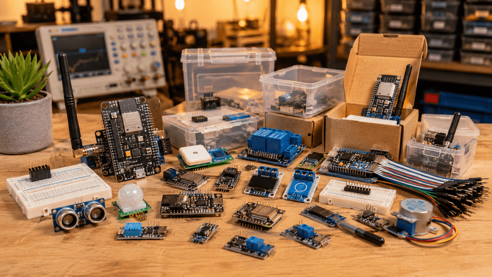 Módulos IoT, sensores y placas sobre una mesa de trabajo
