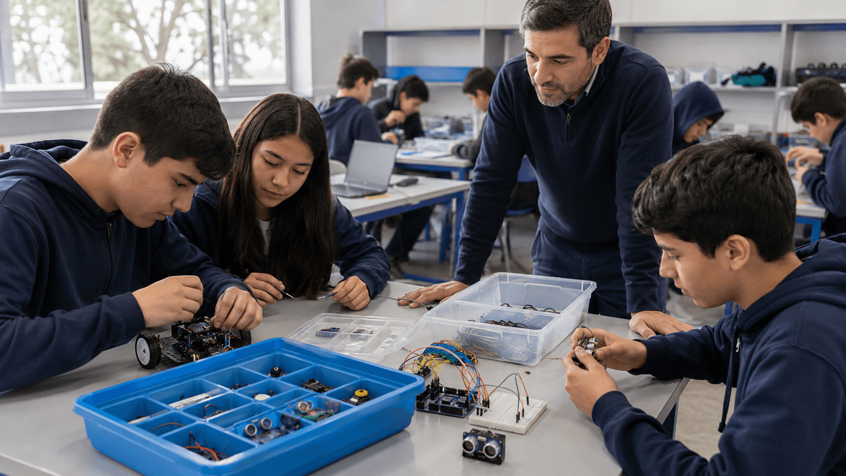 Profesor guiando a estudiantes en una clase de robótica educativa