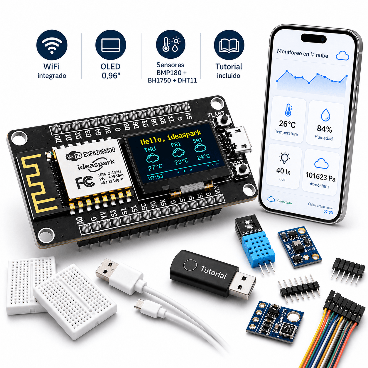 Kit Estación Meteorológica IoT ESP8266 + OLED 0,96″ + 3 Sensores, Kits educativos para robótica educativa